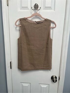 Theory Tan Sleek Crunch Linen Blend Boatneck Top Keyhole Back Size S Classic